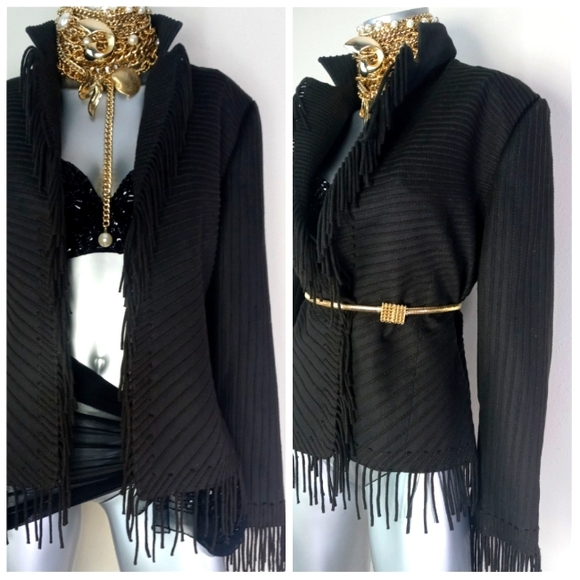 Company Ellen Tracy Open Front Fringe Chocolate Striped Cotton Blend Jacket - Picture 4 of 13